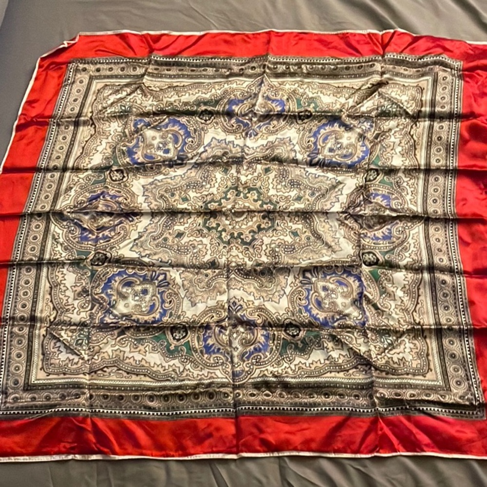 Vintage Japanese Rolled Hem Elegant Red and Blue Paisley Scarf from 1970s